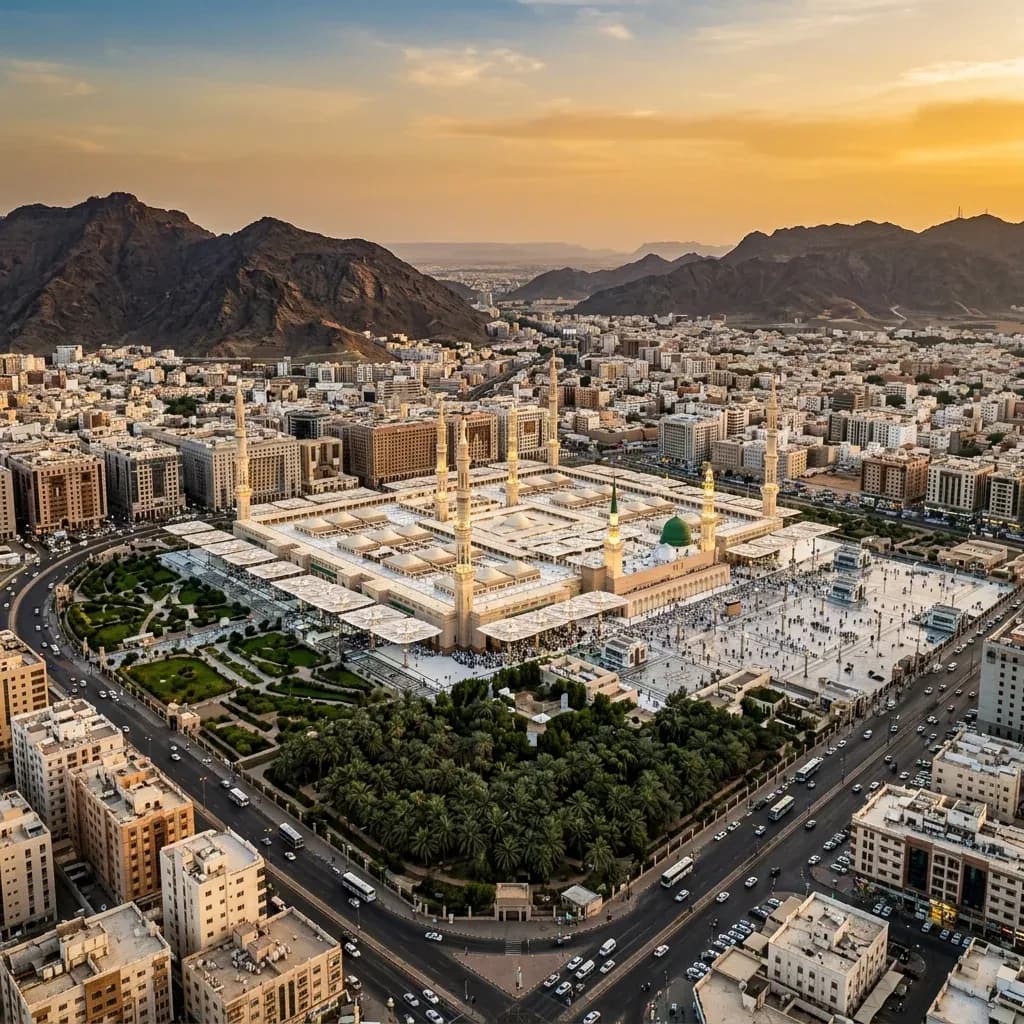 مدينة المدينة المنورة بنخيلها والجبال المحيطة بها