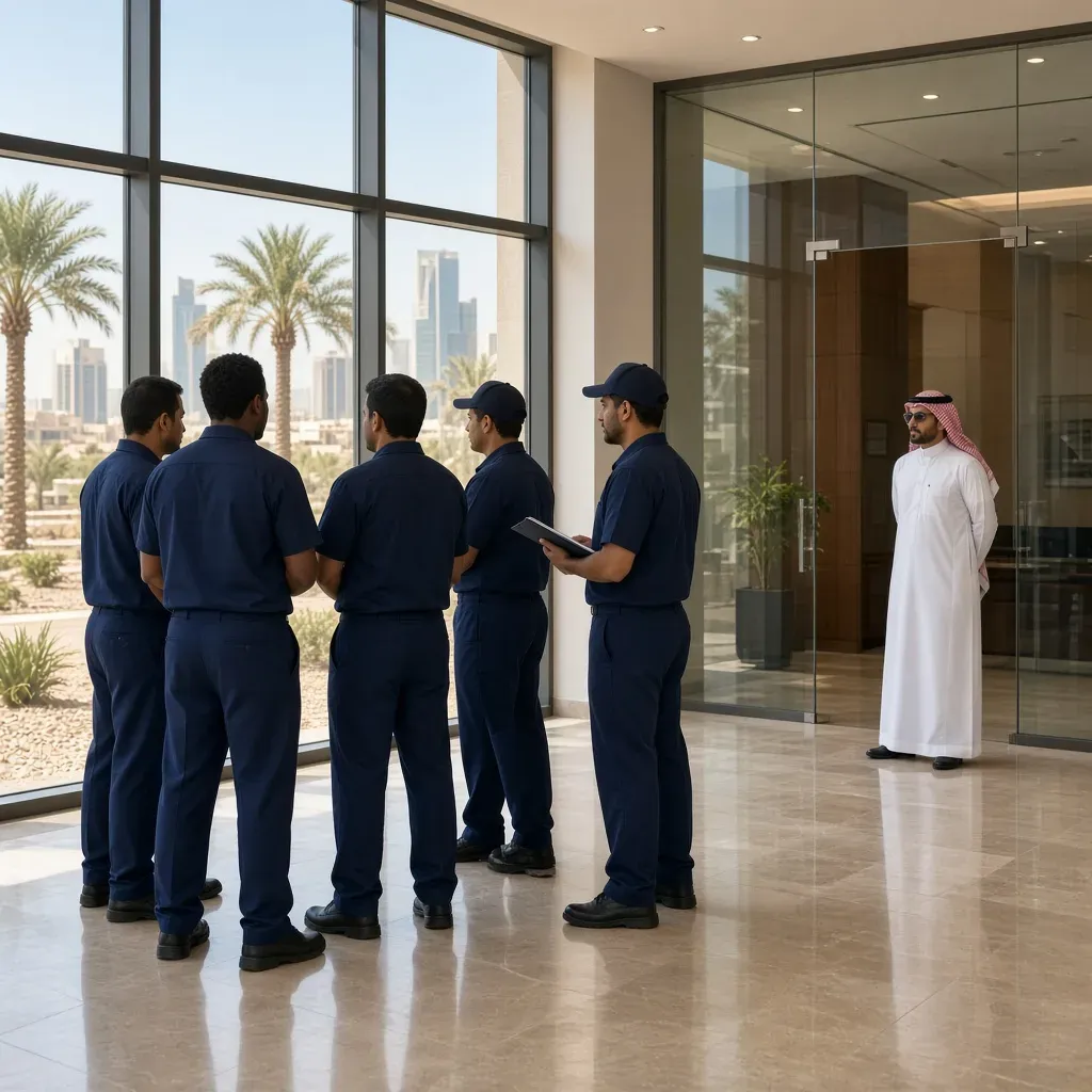فريق مرافق مُسنَد خارجيًا يتلقى إحاطة في مبنى تجاري سعودي حديث