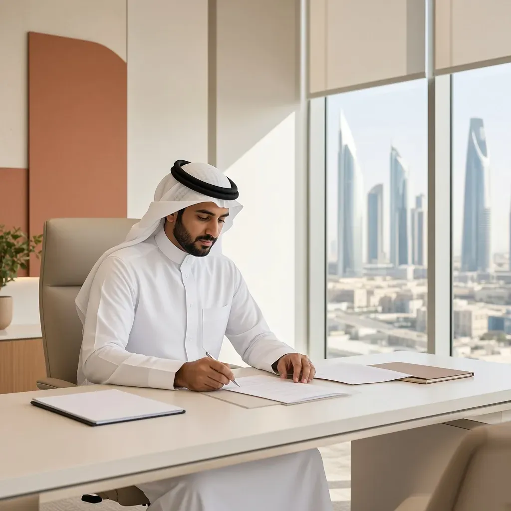 مهني سعودي بالثوب التقليدي يراجع وثائق ترخيص العمالة في مكتب بالرياض