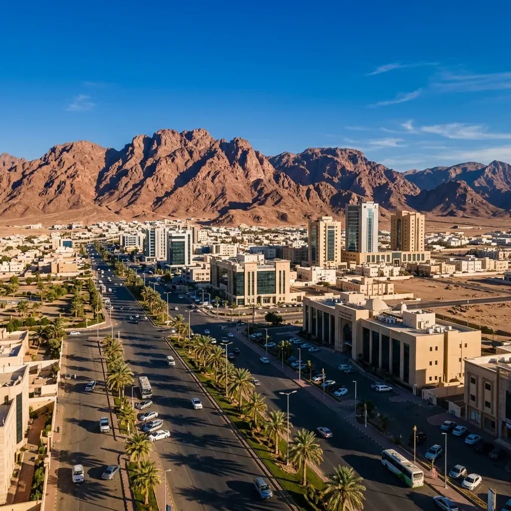 مدينة تبوك والجبال الرملية خلفها