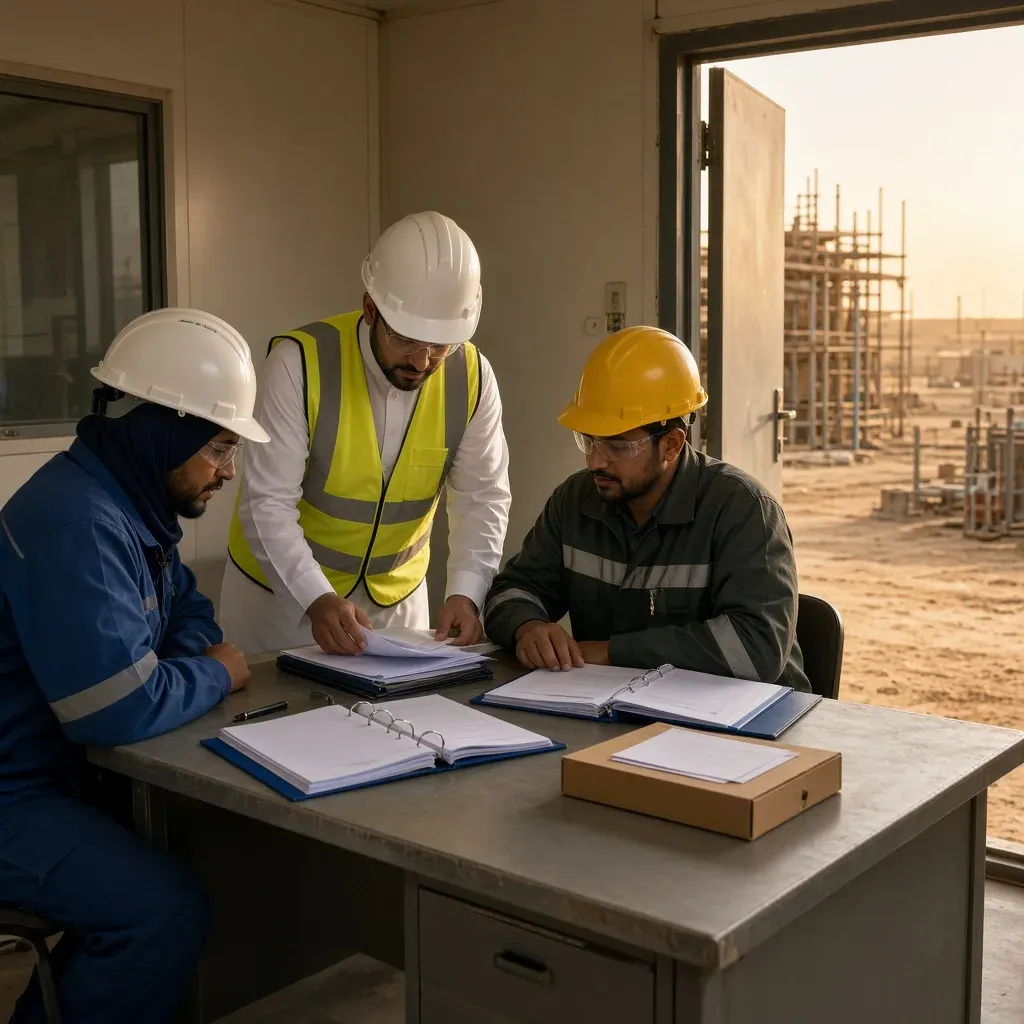 مسؤولو امتثال في الموقع يراجعون وثائق القوى العاملة في موقع صناعي سعودي